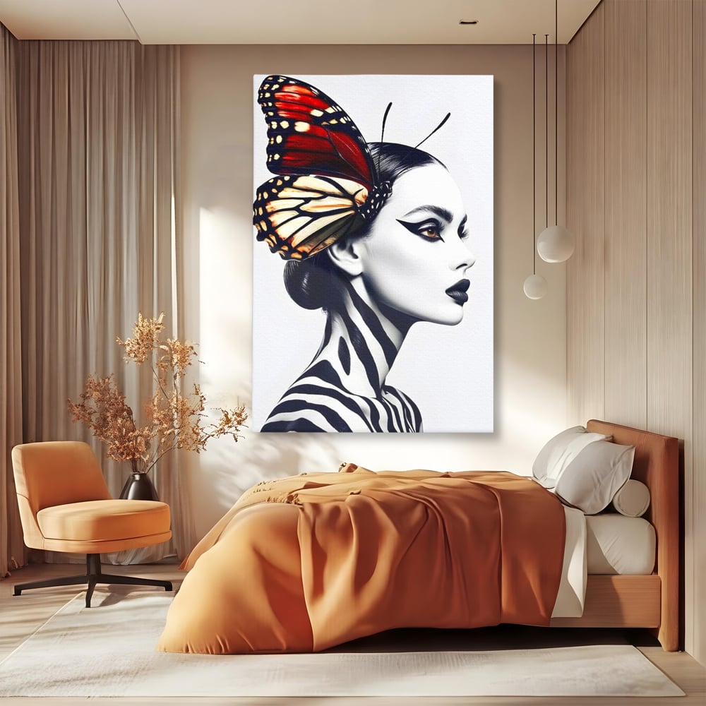 Tablou canvas cu tablou canvas cu femeie si aripa de fluture, fara rama, pe sasiu de lemn, pe perete intr-un dormitor